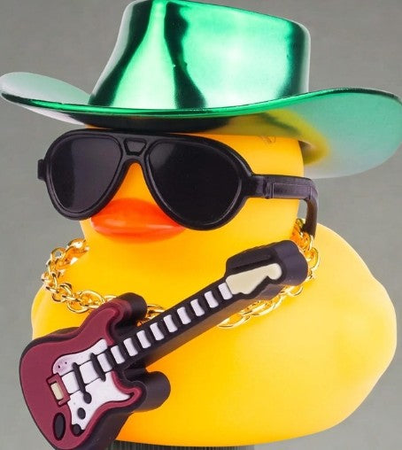 Car Yellow Rubber Duck, Duck Dashboard Decoration with Cowboy Hat Necklace Sunglasses Mini Musical Instrument for Car Dashboard