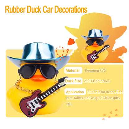 Car Yellow Rubber Duck, Duck Dashboard Decoration with Cowboy Hat Necklace Sunglasses Mini Musical Instrument for Car Dashboard