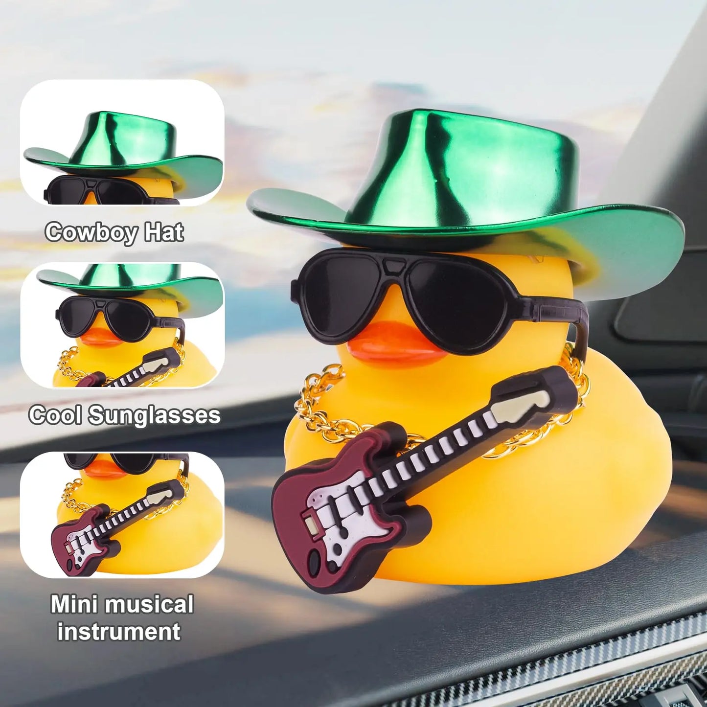 Car Yellow Rubber Duck, Duck Dashboard Decoration with Cowboy Hat Necklace Sunglasses Mini Musical Instrument for Car Dashboard